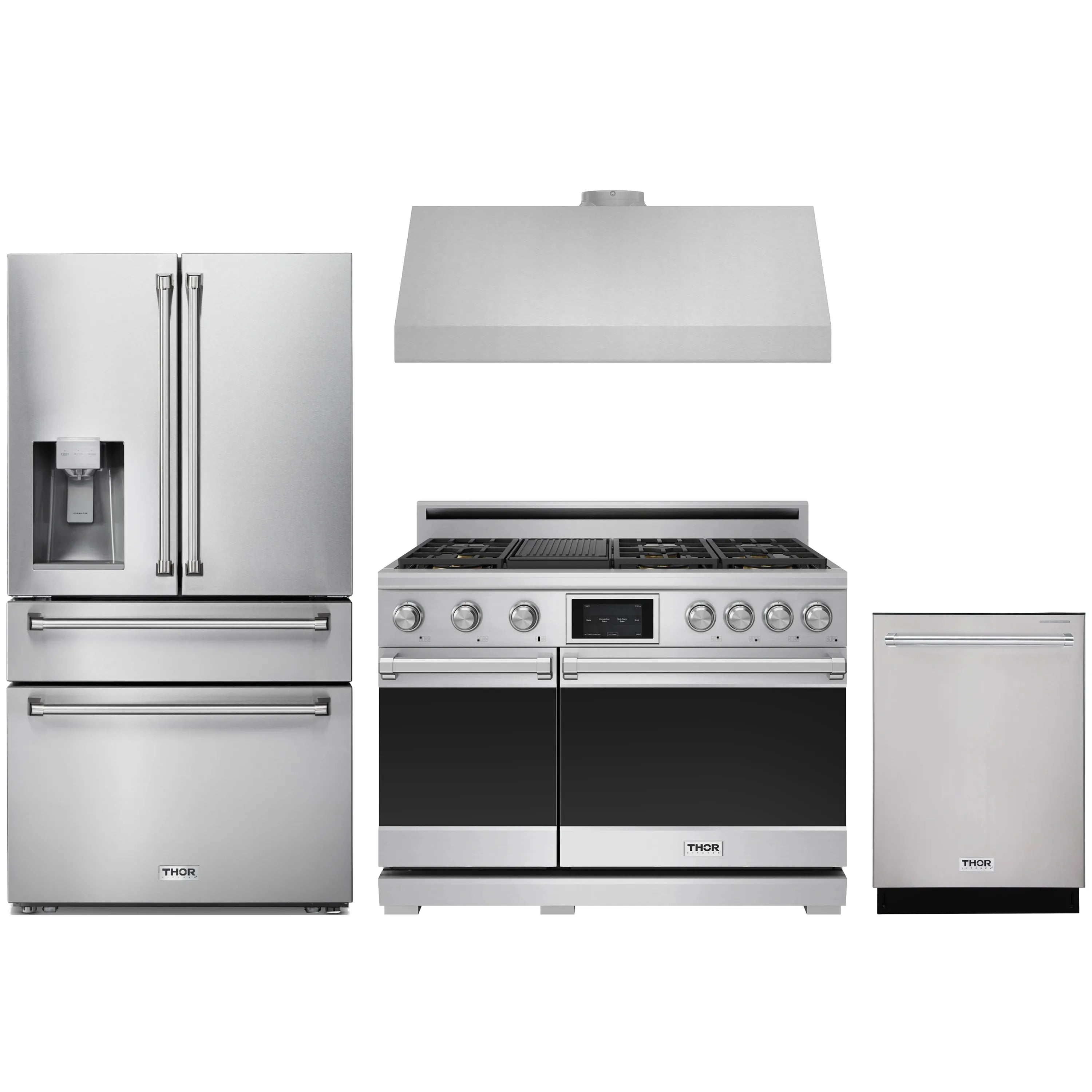 Stainless steel dual-fuel range with oven doors, cooktop burners, and display controls