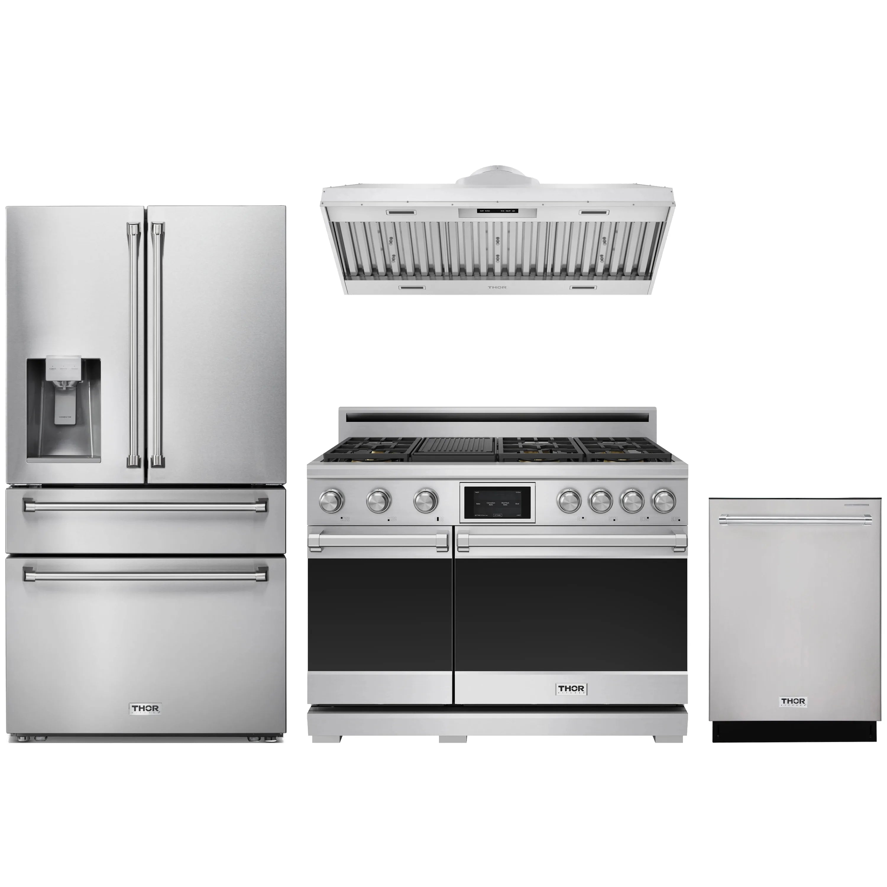 Stainless steel appliance package with refrigerator, range, hood insert, and dishwasher