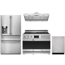 Stainless steel Thor Kitchen appliance package with 36-inch range, range hood, refrigerator with water dispenser, dishwasher