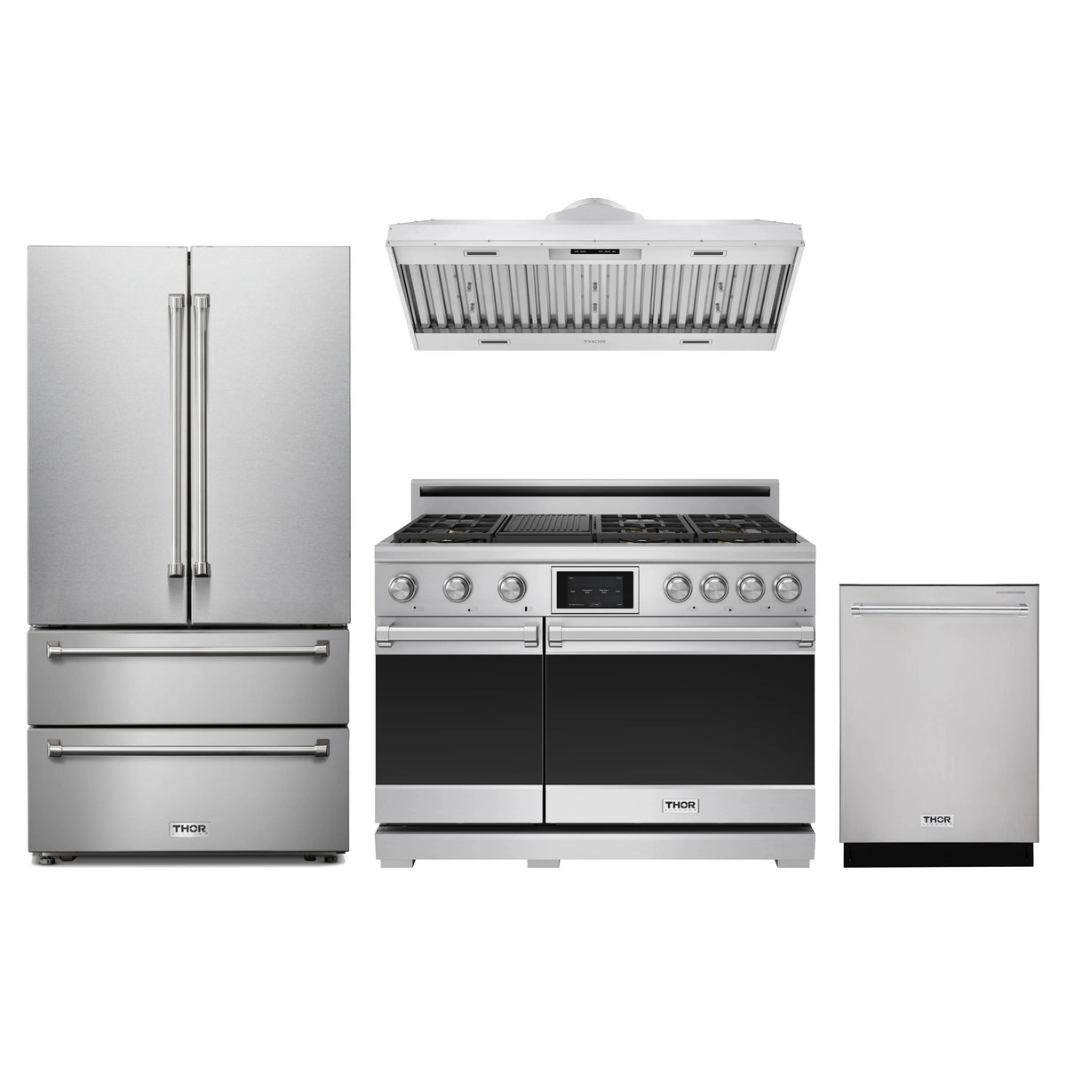 Thor Kitchen 4-Piece Appliance Package - 48-Inch Propane Dual Fuel Range, French Door Refrigerator, Hood Insert, & Dishwasher in Stainless Steel