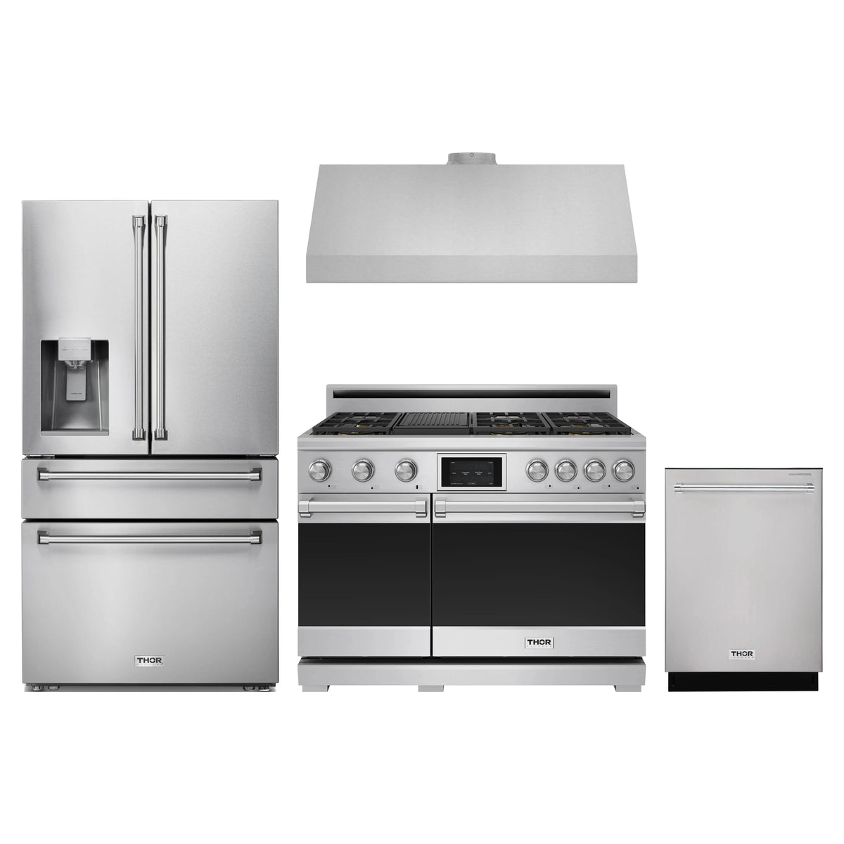 Thor Kitchen 4-Piece Appliance Package - 48-Inch Propane Dual Fuel Range, Refrigerator with Water Dispenser, Under Cabinet Hood, & Dishwasher in Stainless Steel