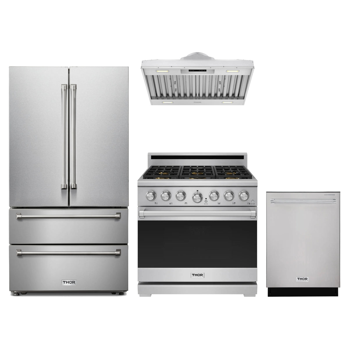 Thor Kitchen 4-Piece Appliance Package - 36-Inch Natural Gas Range, French Door Refrigerator, Hood Insert, & Dishwasher in Stainless Steel