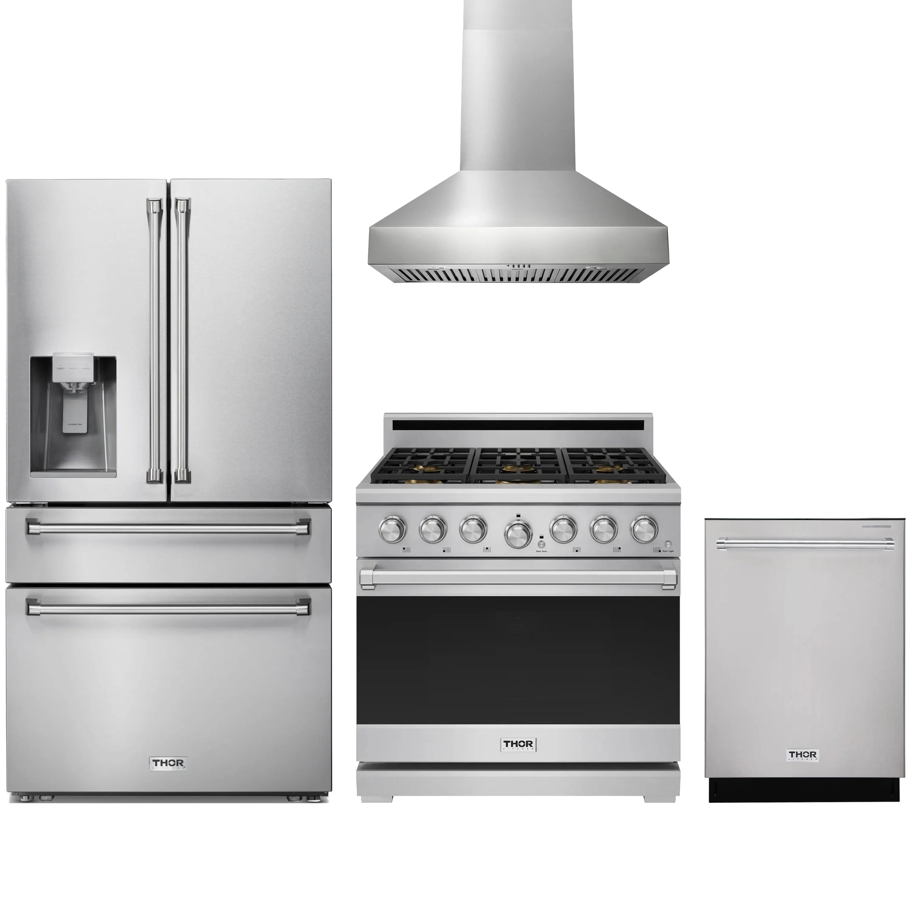 Stainless steel appliance package: refrigerator, gas range, wall hood, and dishwasher