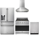 Stainless steel Thor Kitchen appliance package with 36-inch range, range hood, refrigerator with water dispenser, dishwasher