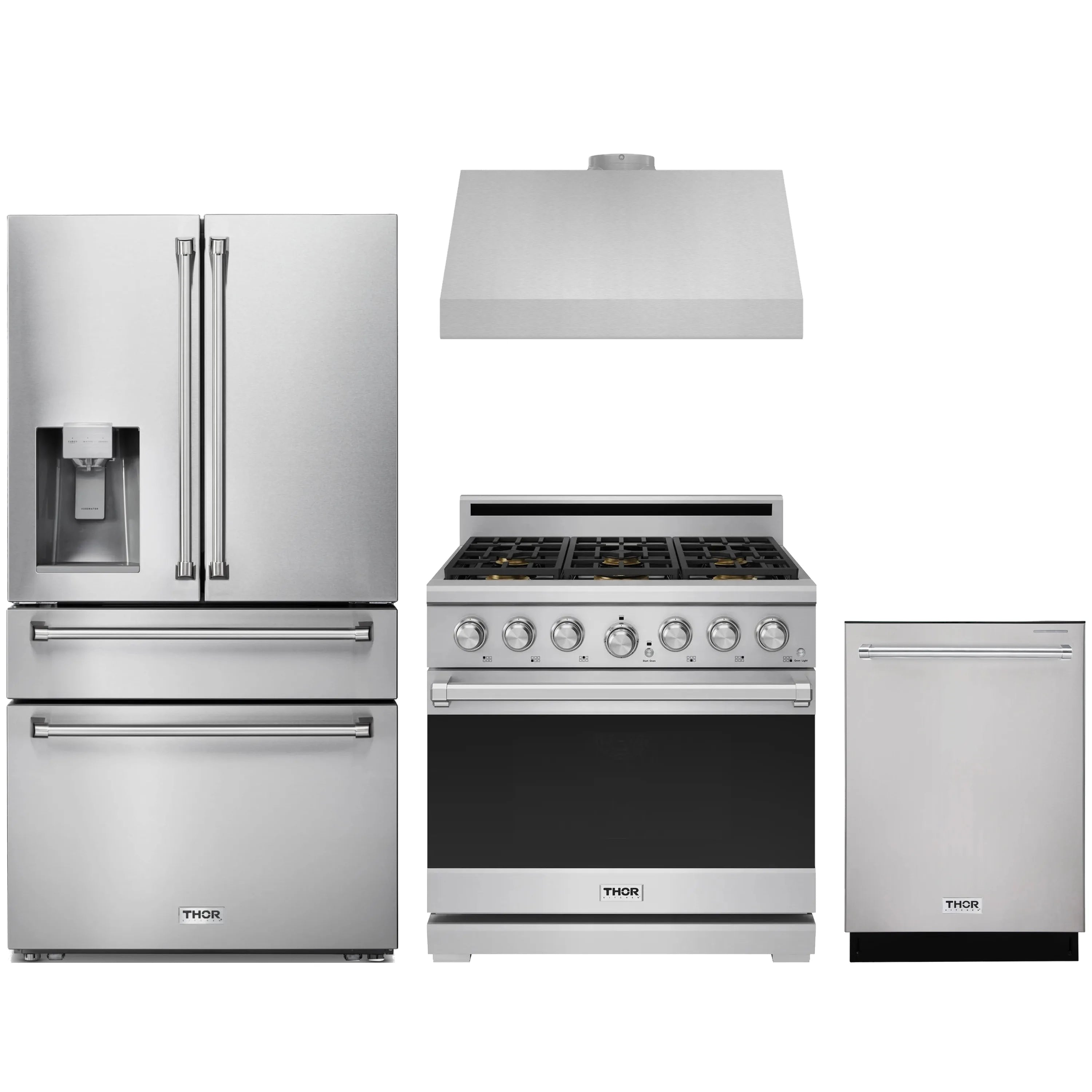 Stainless steel refrigerator, gas range, and dishwasher unit set