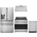Stainless steel Thor Kitchen appliance package with 36-inch range, range hood, refrigerator with water dispenser, dishwasher