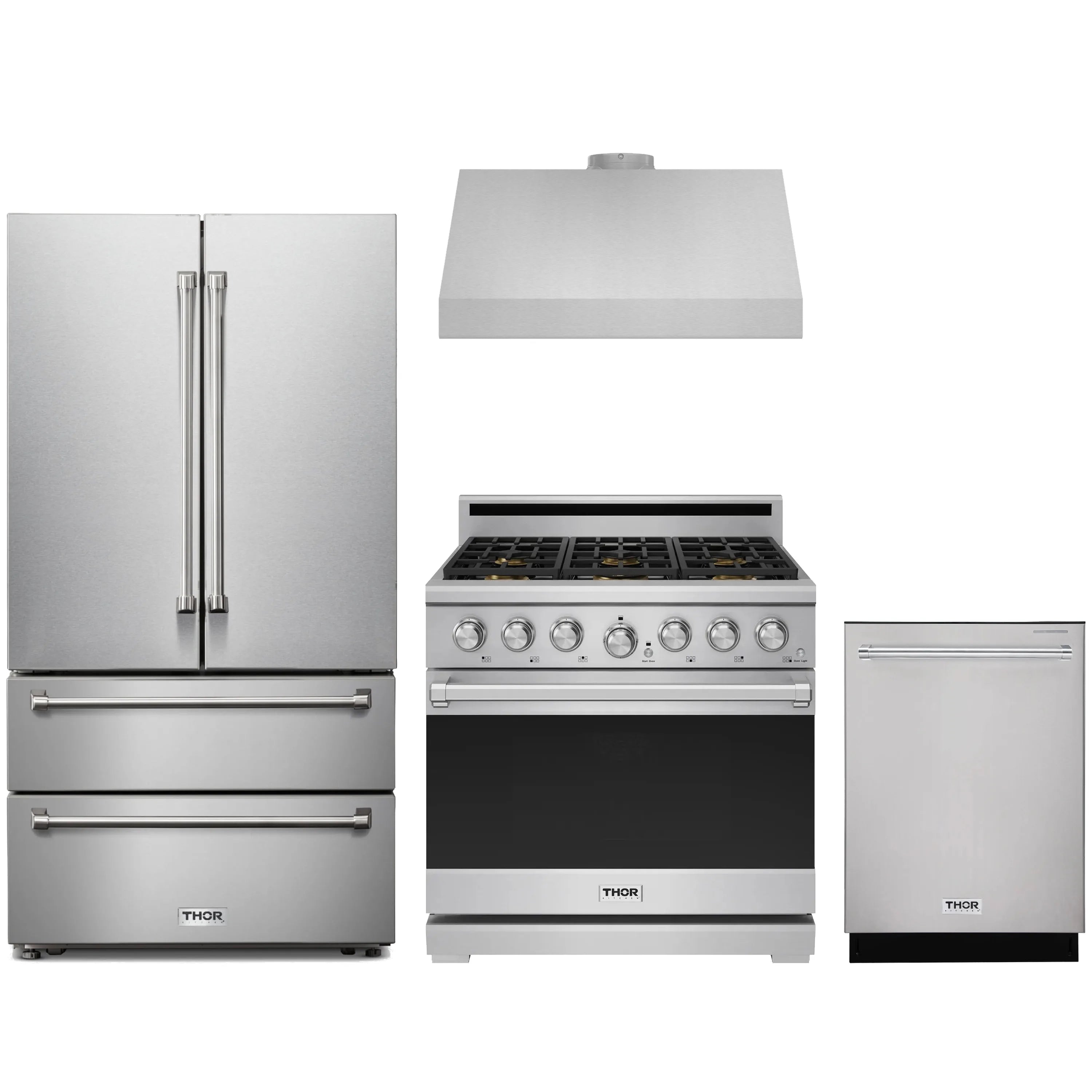 Stainless steel kitchen appliance set with refrigerator, gas range, and dishwasher