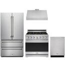 Stainless steel Thor Kitchen appliance package with 36-inch range, range hood, french door refrigerator, dishwasher