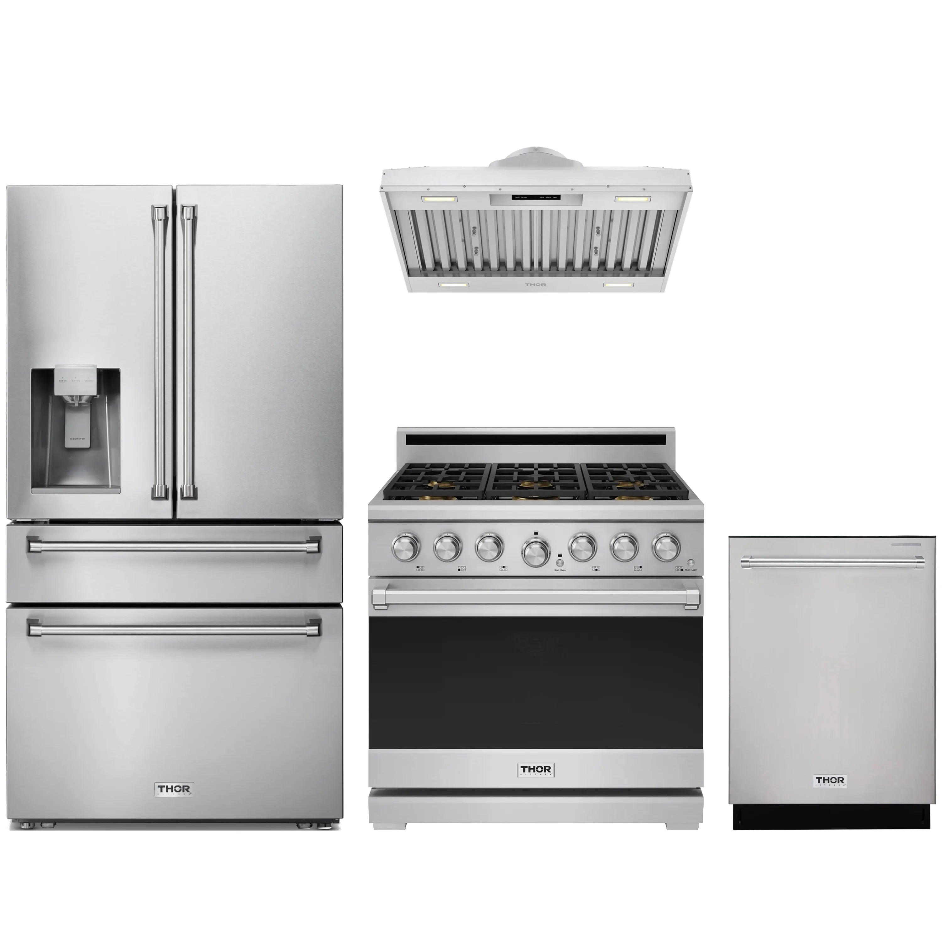 Stainless steel 4-piece kitchen appliance set: refrigerator, gas range, hood insert, dishwasher