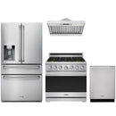 Stainless steel Thor Kitchen appliance package with 36-inch range, range hood, refrigerator with water dispenser, dishwasher