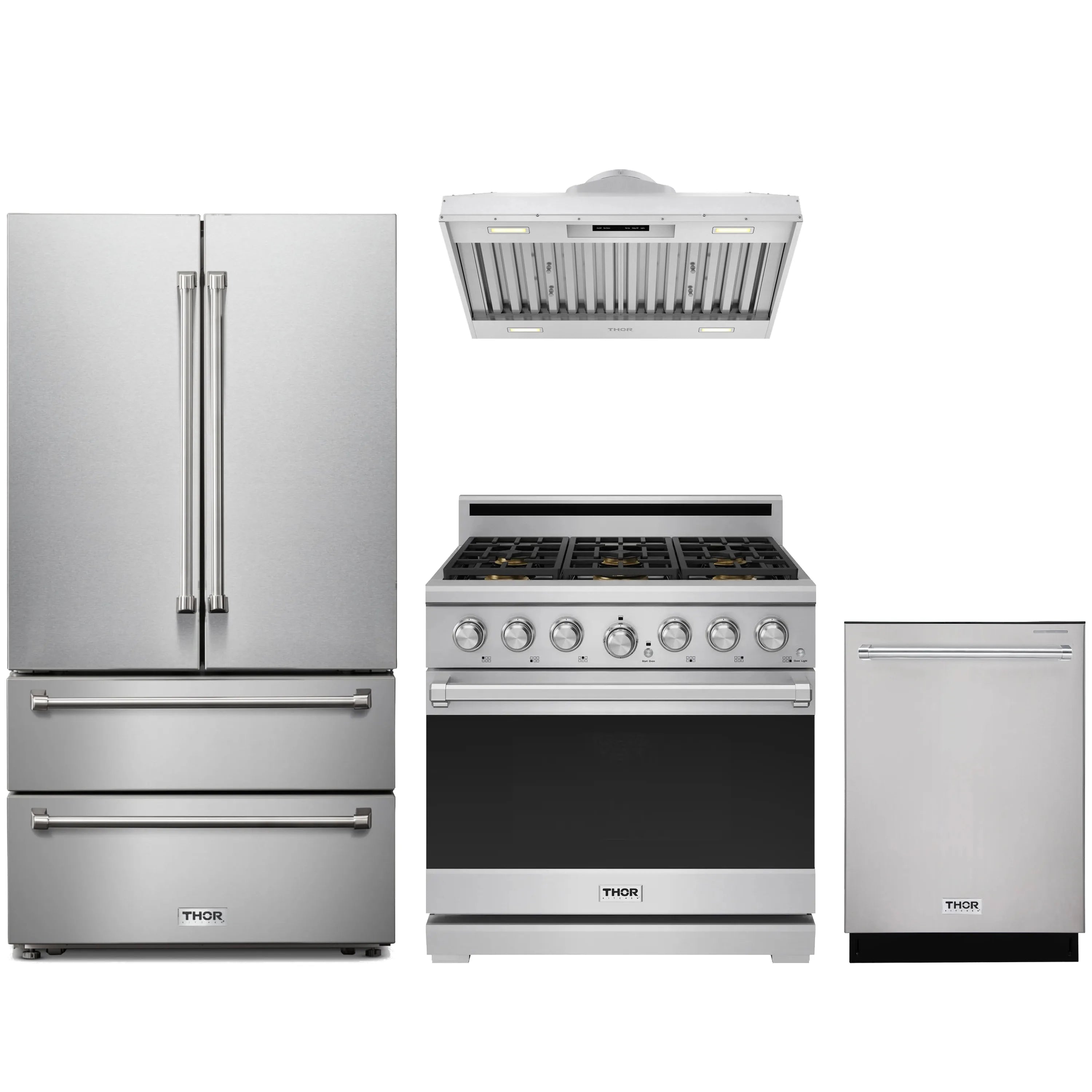 Stainless steel appliance set: French door refrigerator, gas range, dishwasher, hood insert