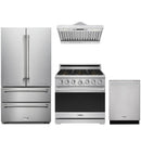 Stainless steel Thor Kitchen appliance package with 36-inch range, range hood, french door refrigerator, dishwasher