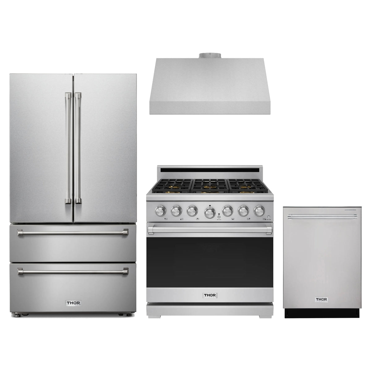 Thor Kitchen 4-Piece Appliance Package - 36-Inch Propane Gas Range, French Door Refrigerator, Under Cabinet Hood, & Dishwasher in Stainless Steel