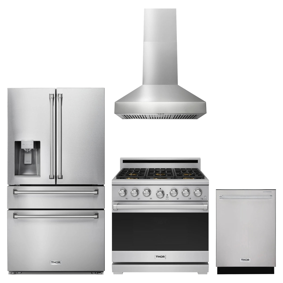 Thor Kitchen 4-Piece Appliance Package - 36-Inch Propane Gas Range, Refrigerator with Water Dispenser, Wall Mount Hood, & Dishwasher in Stainless Steel