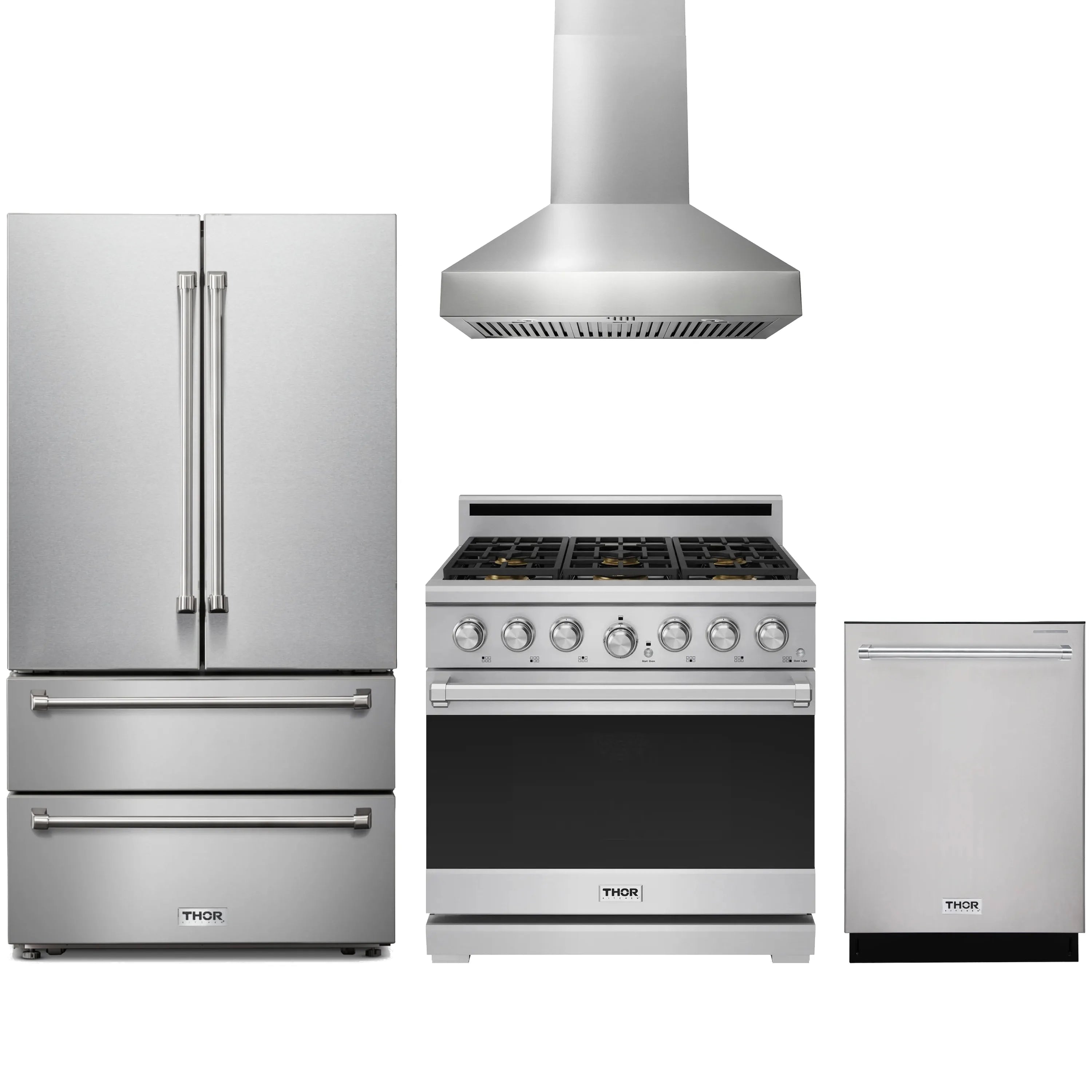 Stainless steel 4-piece appliance package: French door fridge, gas range, wall hood, dishwasher