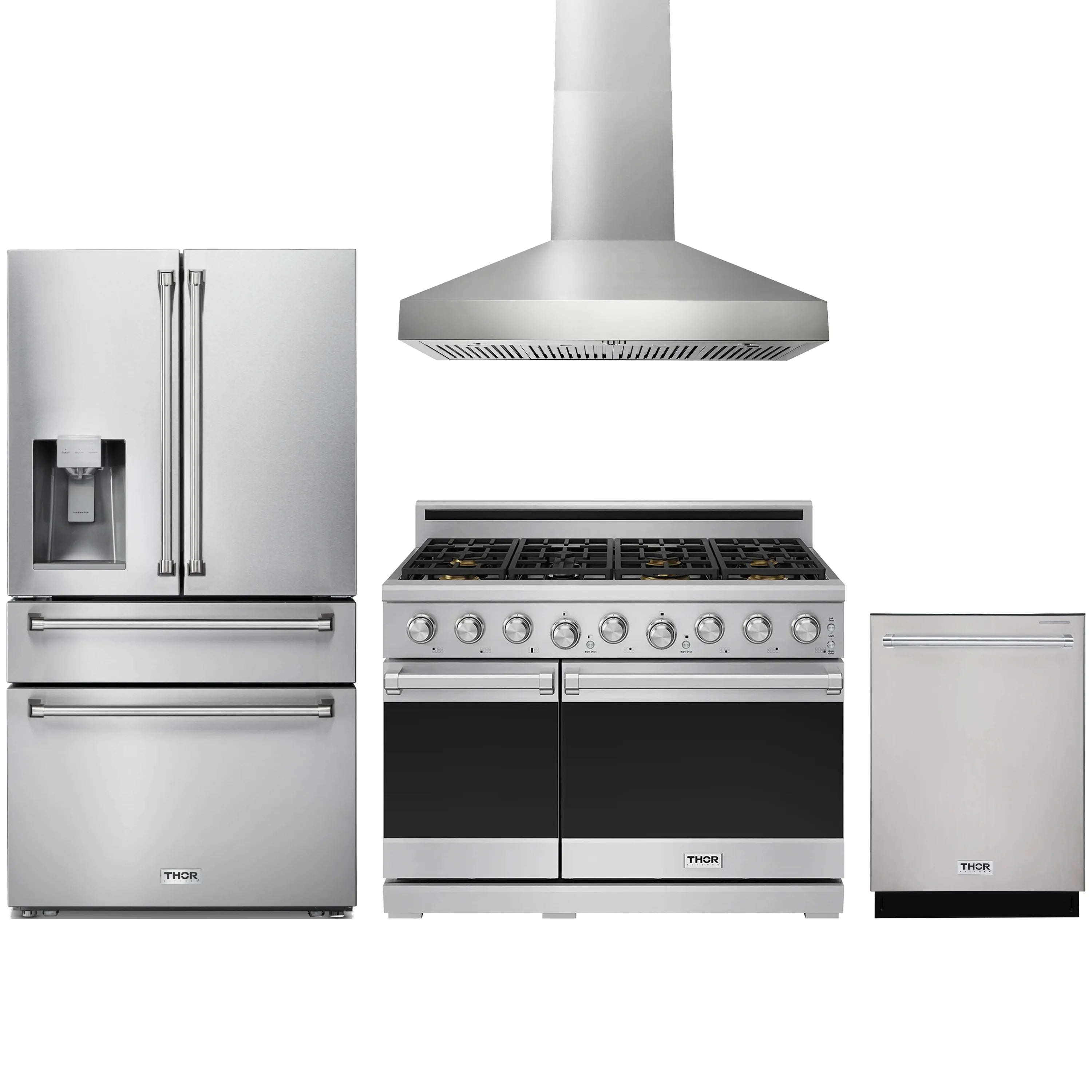 Stainless steel kitchen appliance set with range hood, gas range, dishwasher, and refrigerator