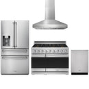 Stainless steel Thor Kitchen appliance package with 36-inch range, range hood, refrigerator with water dispenser, dishwasher