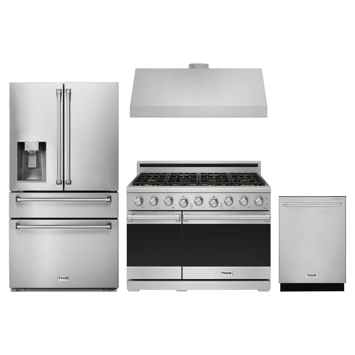 Thor Kitchen 4-Piece Appliance Package - 48-Inch Natural Gas Range, Refrigerator with Water Dispenser, Under Cabinet Hood, & Dishwasher in Stainless Steel
