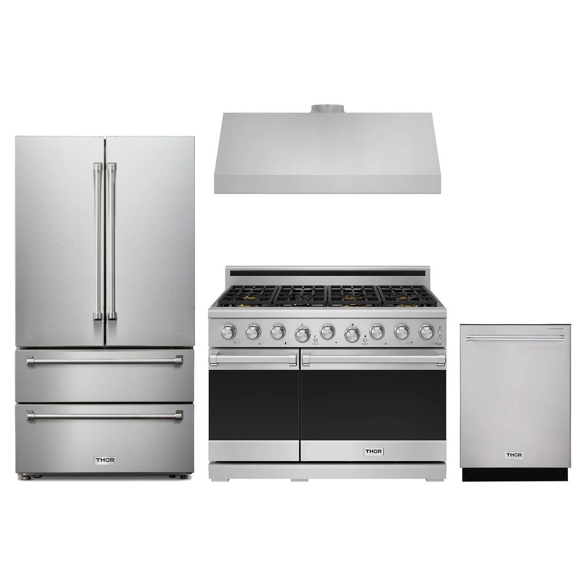 Thor Kitchen 4-Piece Appliance Package - 48-Inch Natural Gas Range, French Door Refrigerator, Under Cabinet Hood, & Dishwasher in Stainless Steel