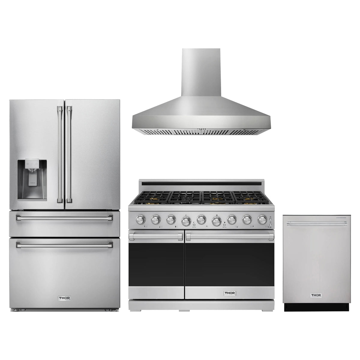 Thor Kitchen 4-Piece Appliance Package - 48-Inch Natural Gas Range, Refrigerator with Water Dispenser, Wall Mount Hood, & Dishwasher in Stainless Steel
