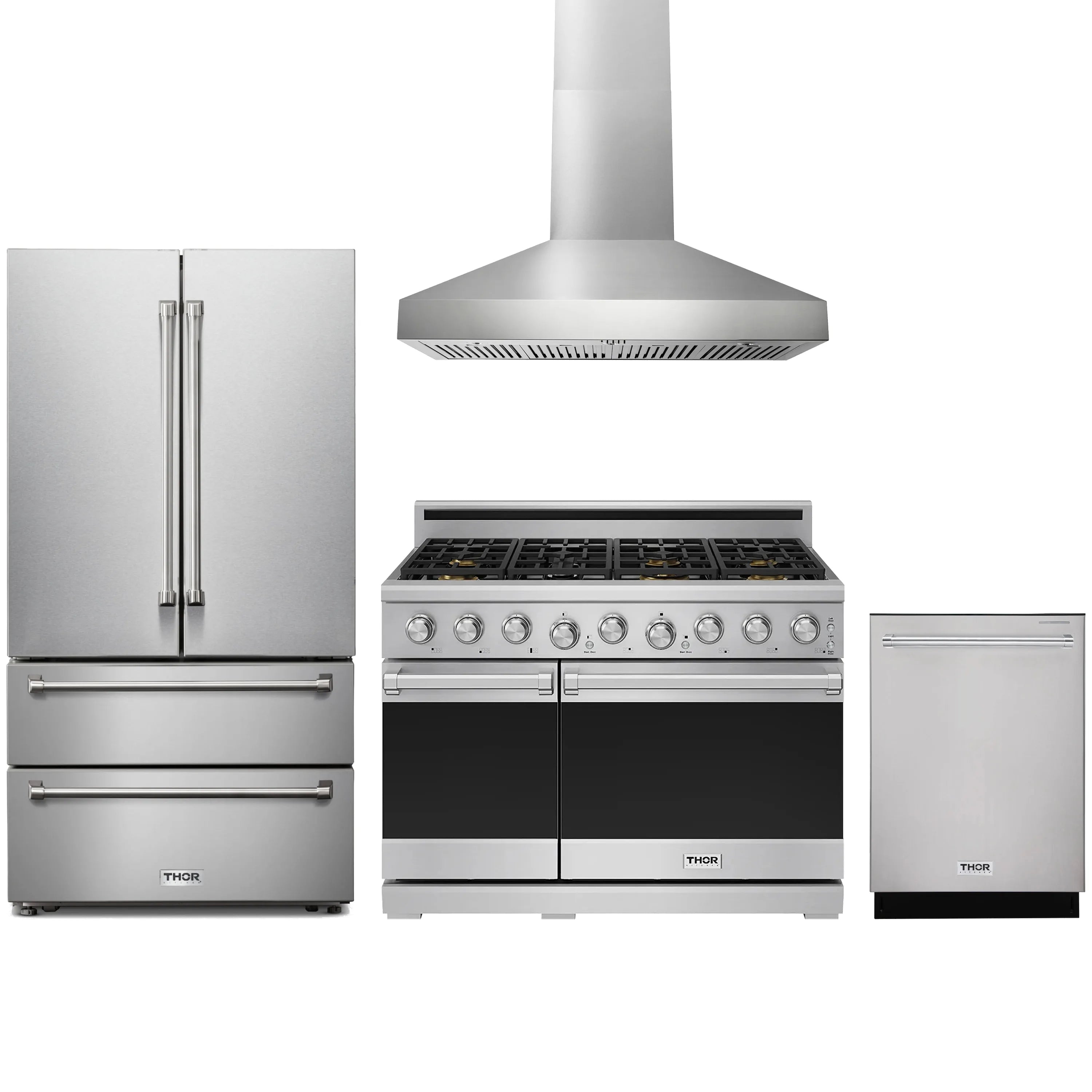 Stainless steel appliance package featuring refrigerator, gas range, hood, and dishwasher