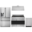 Stainless steel Thor Kitchen appliance package with 36-inch range, range hood, refrigerator with water dispenser, dishwasher