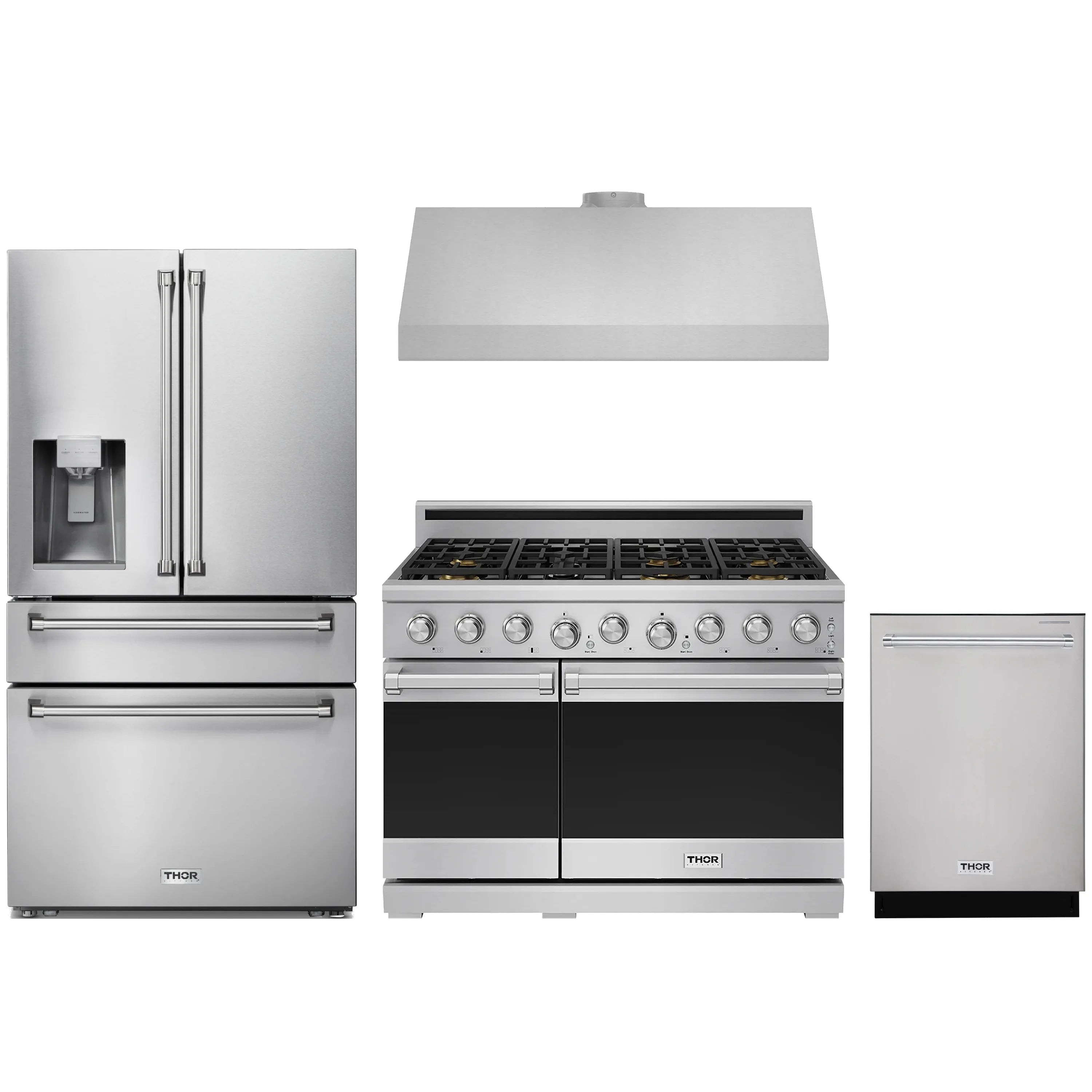 Stainless steel appliance package with refrigerator, range, and dishwasher