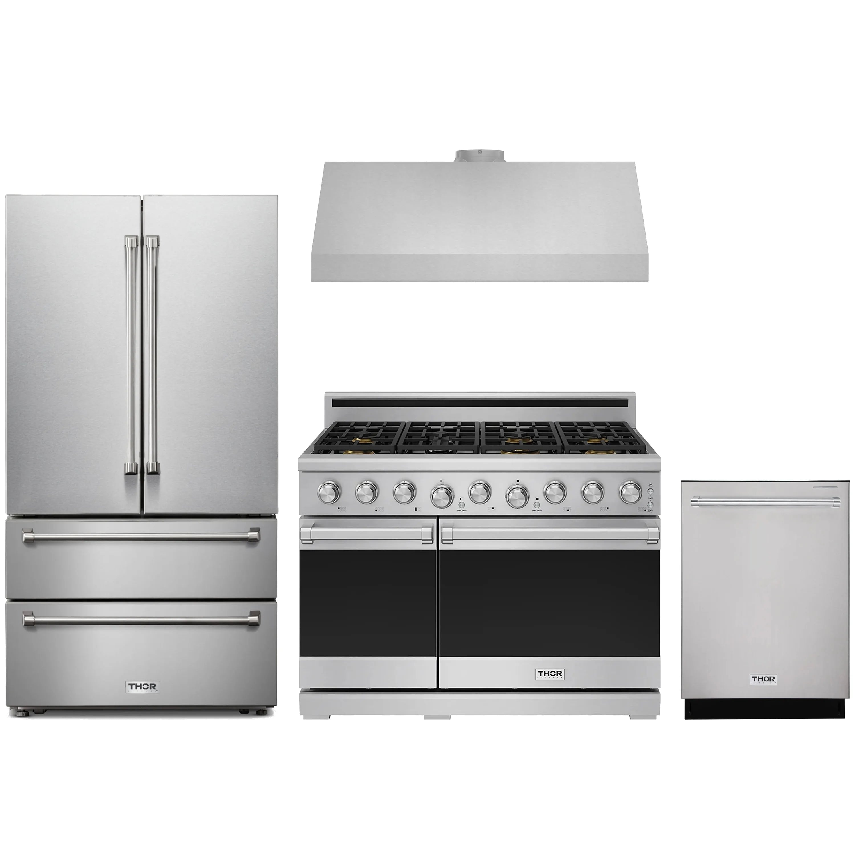 Stainless steel kitchen appliance set with refrigerator, gas range, and dishwasher