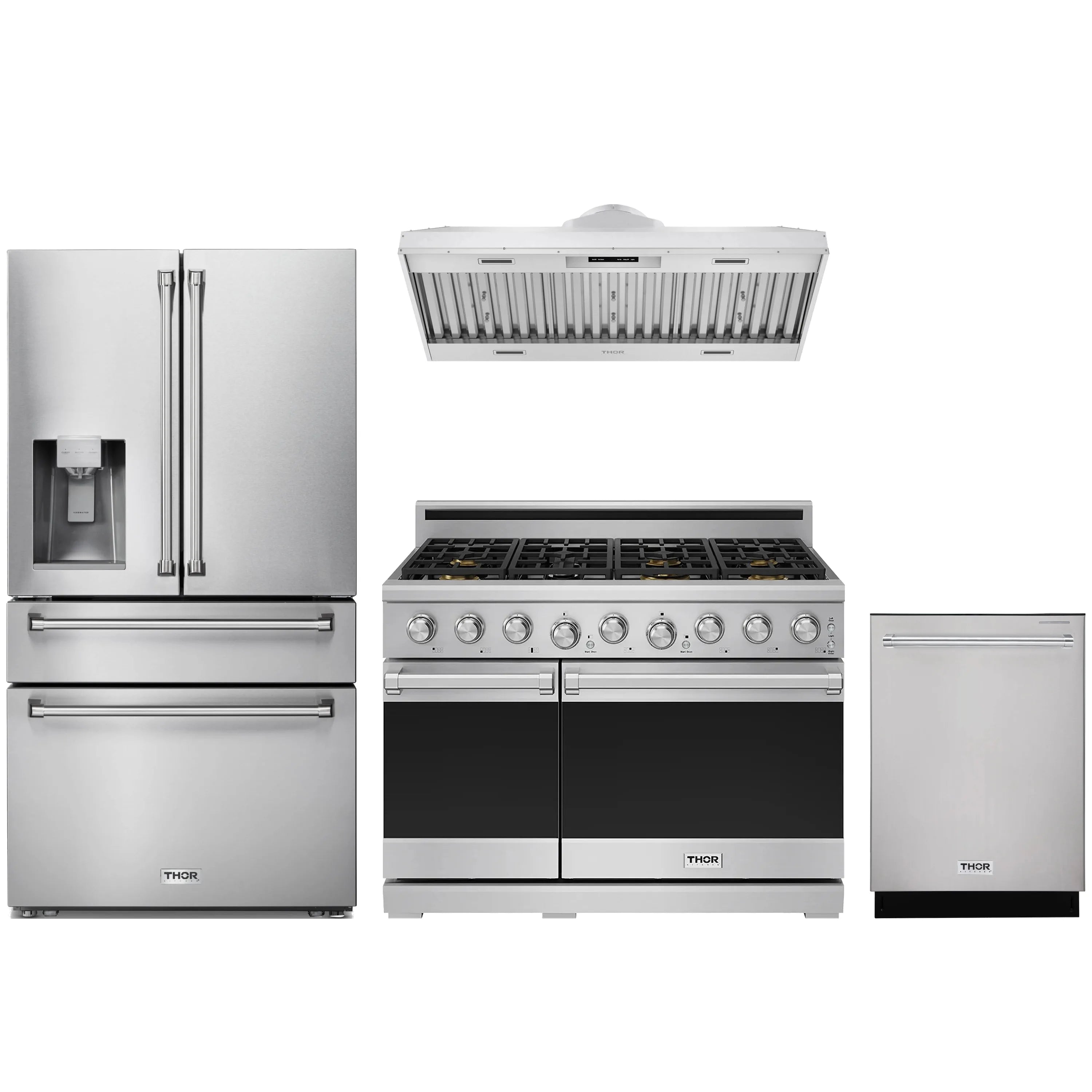 Stainless steel kitchen appliance set showing Thor gas range, hood, and dishwasher