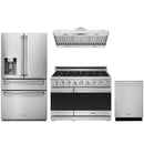 Stainless steel Thor Kitchen appliance package with 36-inch range, range hood, refrigerator with water dispenser, dishwasher