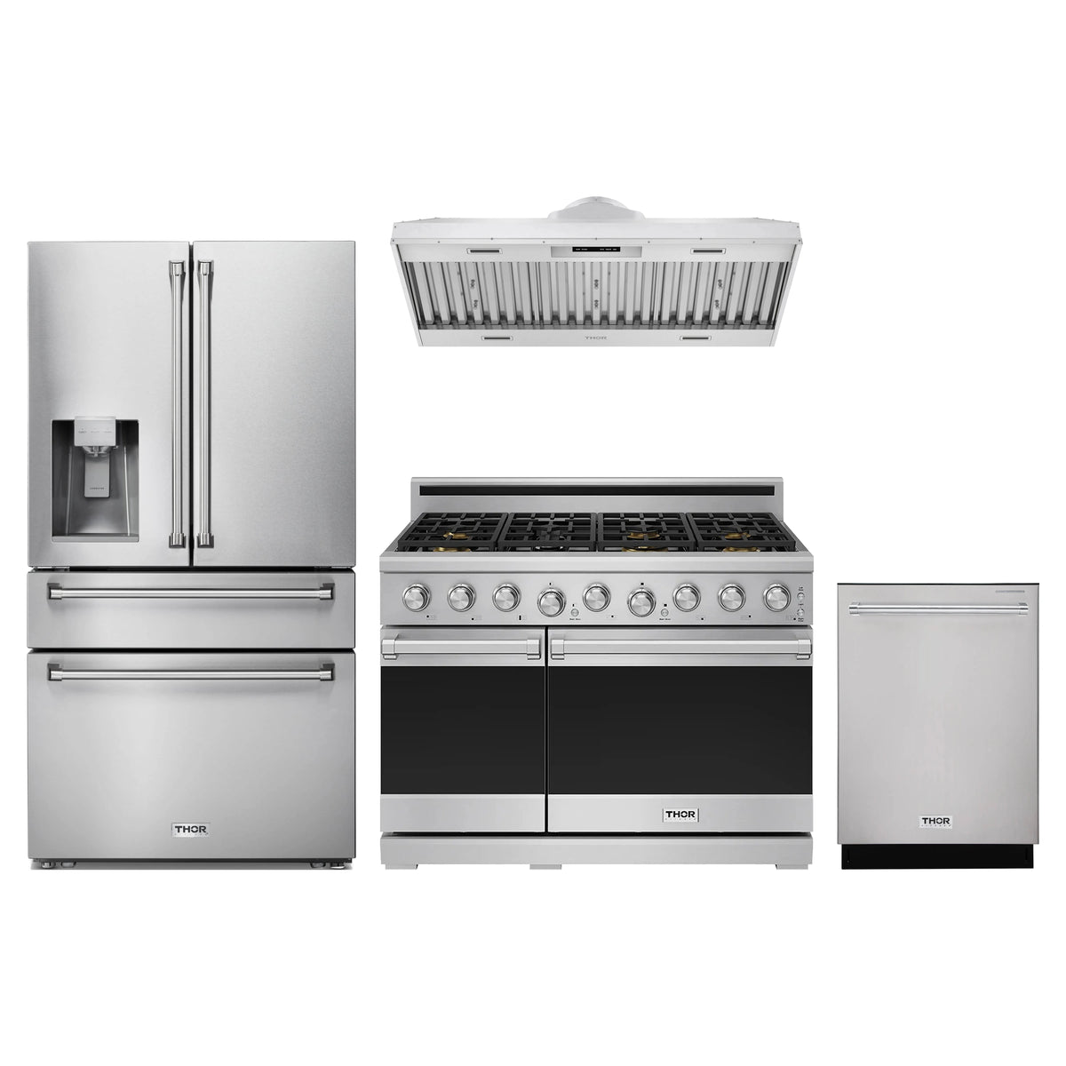 Thor Kitchen 4-Piece Appliance Package - 48-Inch Propane Gas Range, Refrigerator with Water Dispenser, Hood Insert, & Dishwasher in Stainless Steel