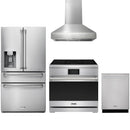 Stainless steel Thor Kitchen appliance package with 36-inch range, range hood, refrigerator with water dispenser, dishwasher