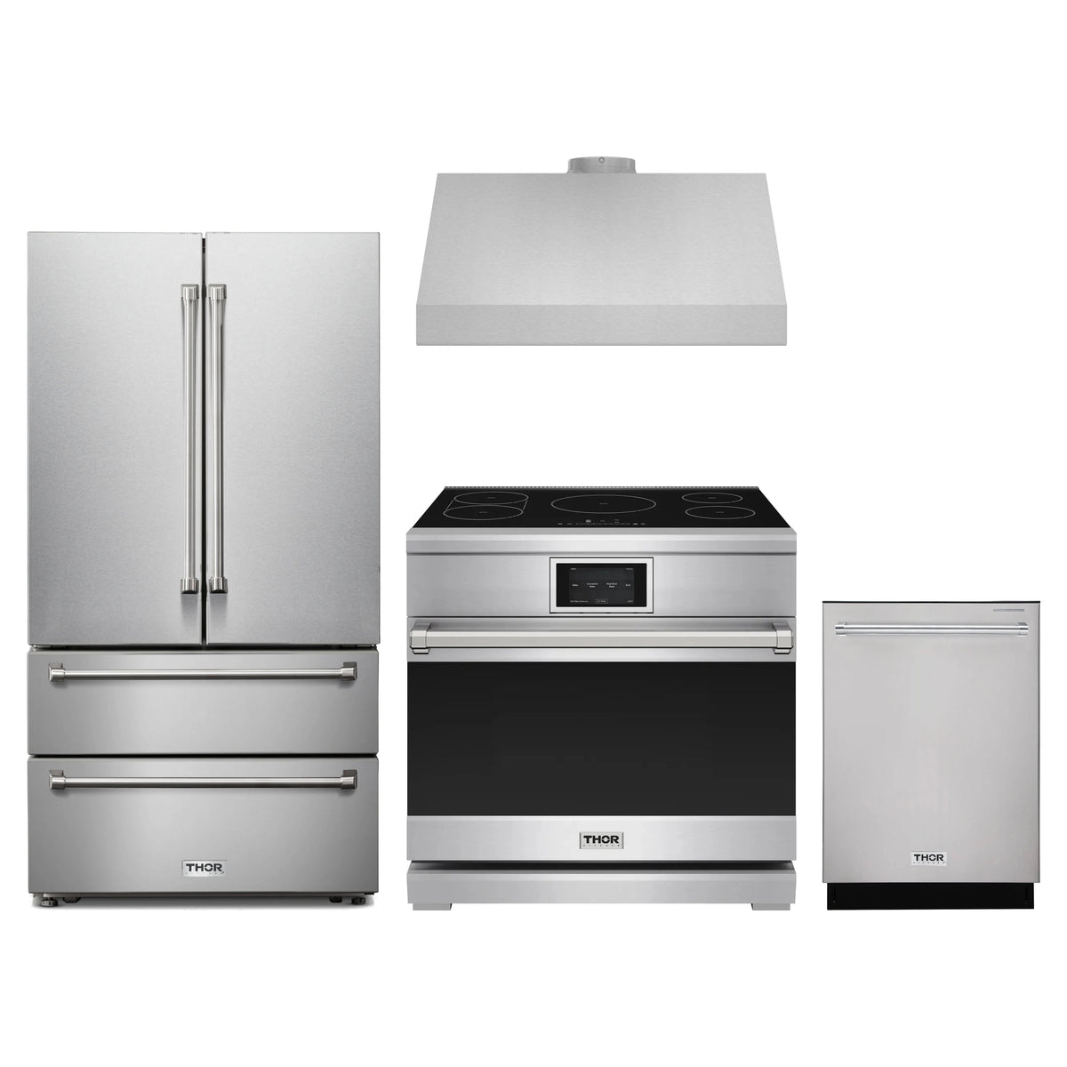 Thor Kitchen 4-Piece Appliance Package - 36-Inch Induction Range, French Door Refrigerator, Under Cabinet Hood, & Dishwasher in Stainless Steel