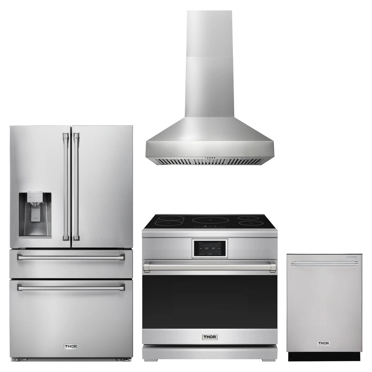 Thor Kitchen 4-Piece Appliance Package - 36-Inch Induction Range, Refrigerator with Water Dispenser, Wall Mount Hood, & Dishwasher in Stainless Steel