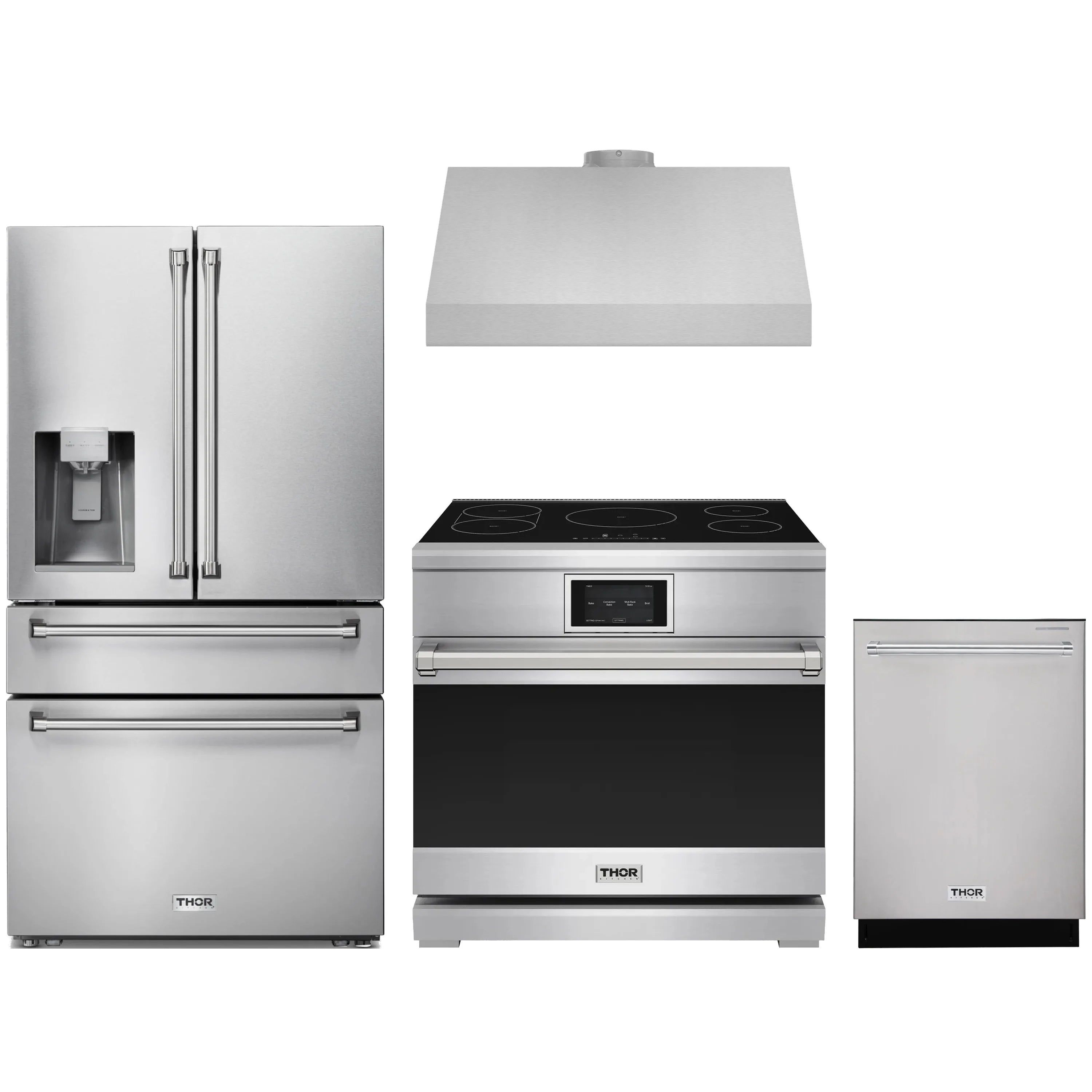 Stainless steel appliance package with refrigerator, under-cabinet hood, induction range, dishwasher