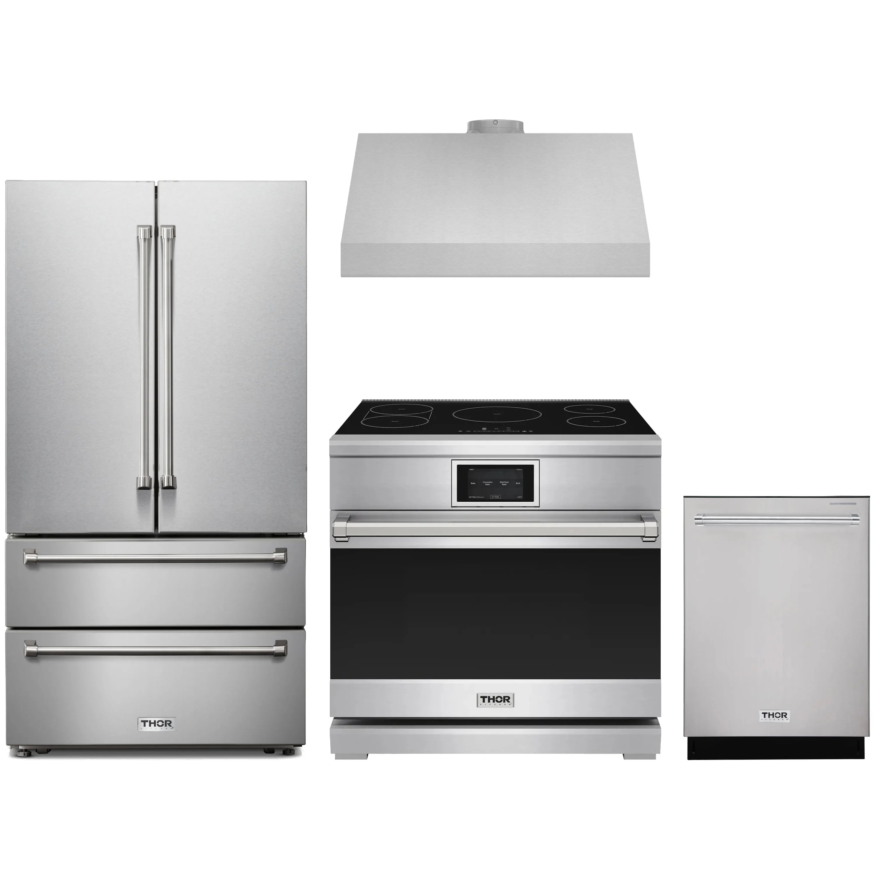 Stainless steel refrigerator, induction range with hood, and front-load dishwasher