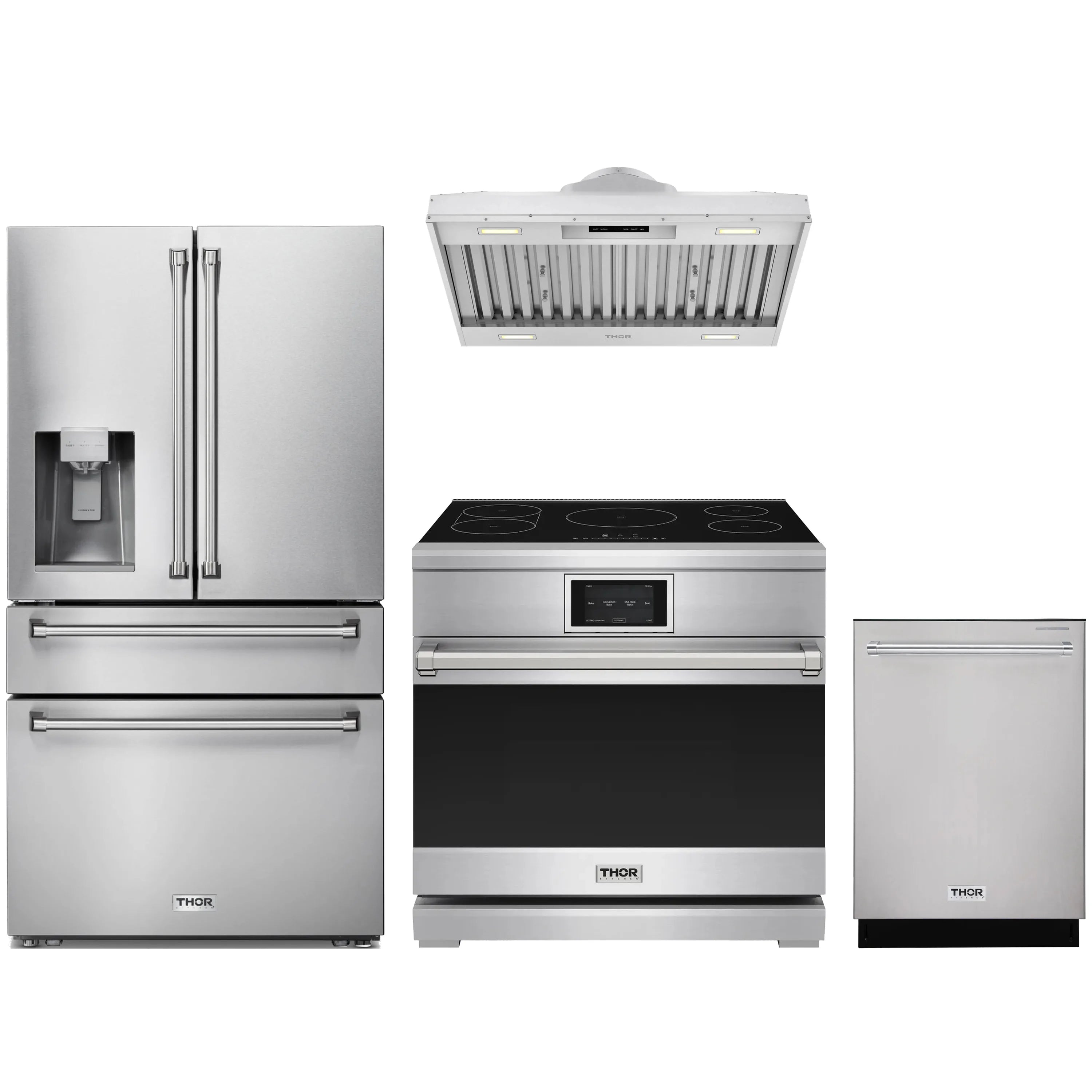 Stainless steel 4-piece appliance package: induction range, refrigerator, hood insert, dishwasher