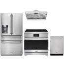 Stainless steel Thor Kitchen appliance package with 36-inch range, range hood, refrigerator with water dispenser, dishwasher