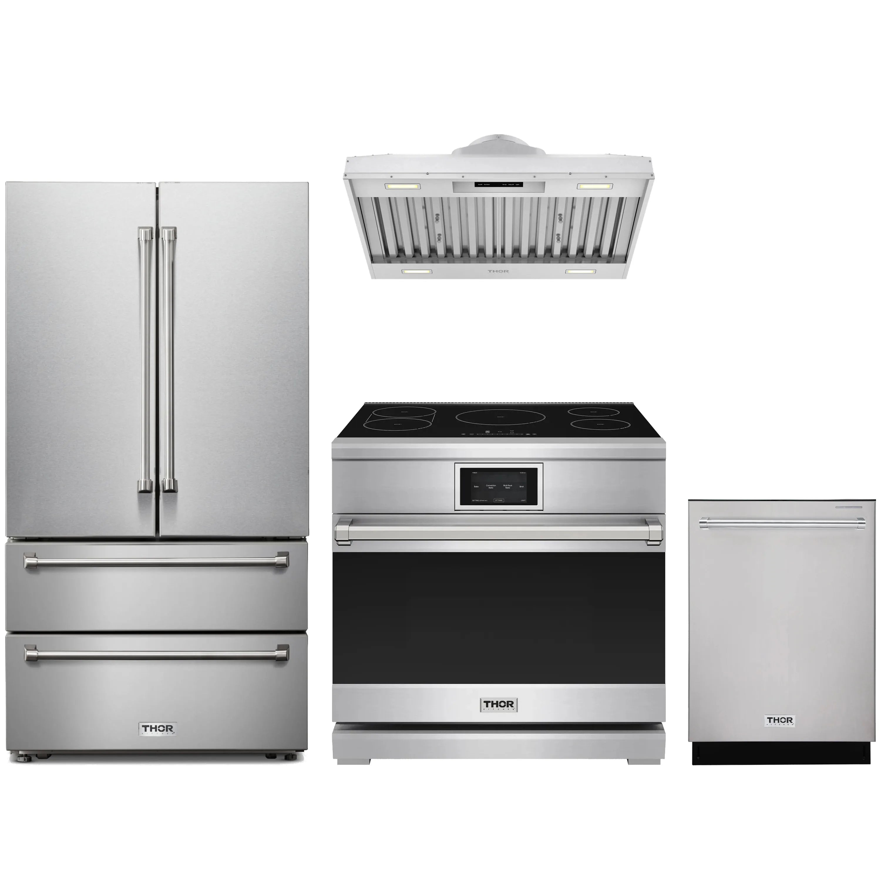 Stainless steel appliance bundle with refrigerator, induction range, hood insert, dishwasher