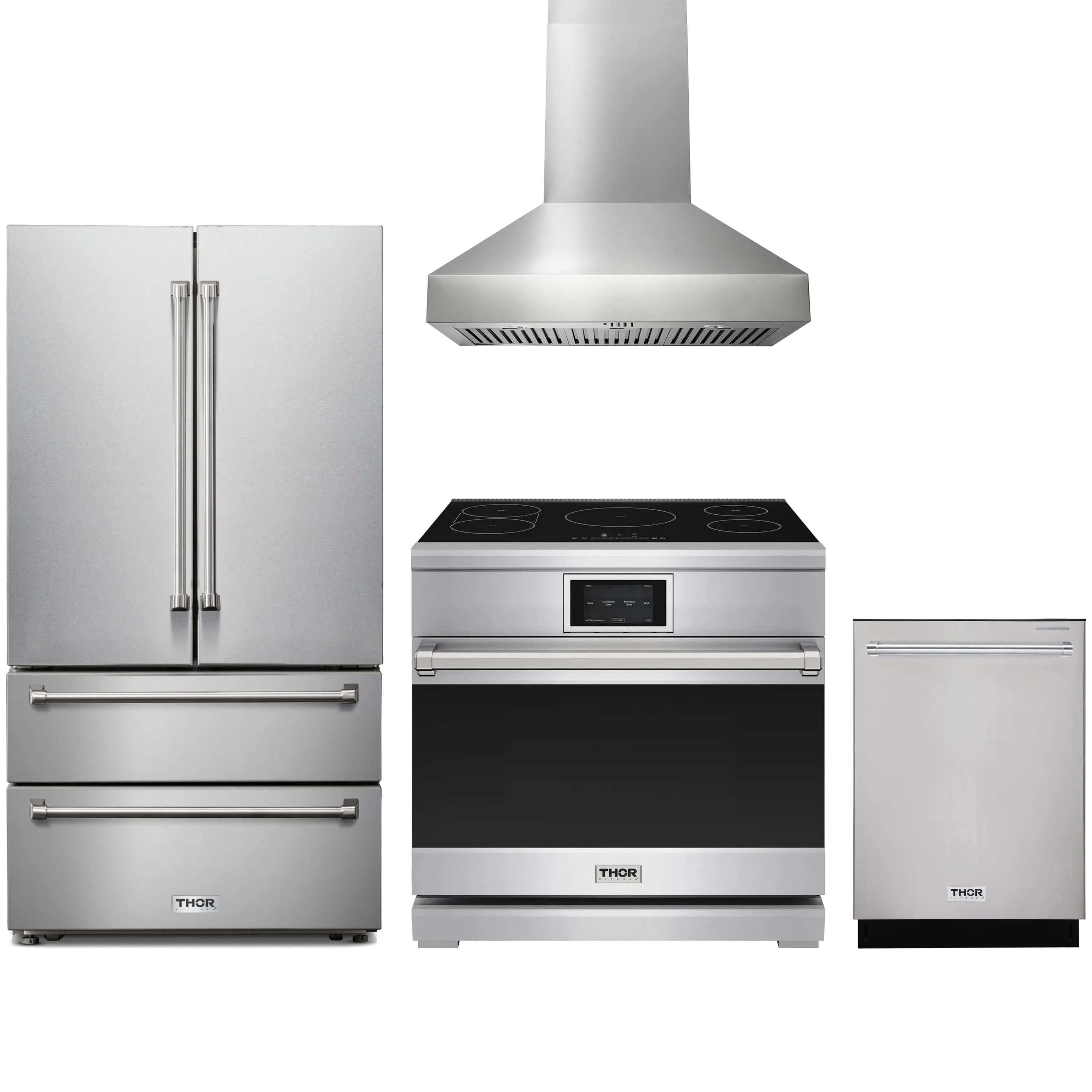 Stainless steel appliance package: French door refrigerator, induction range, hood, dishwasher
