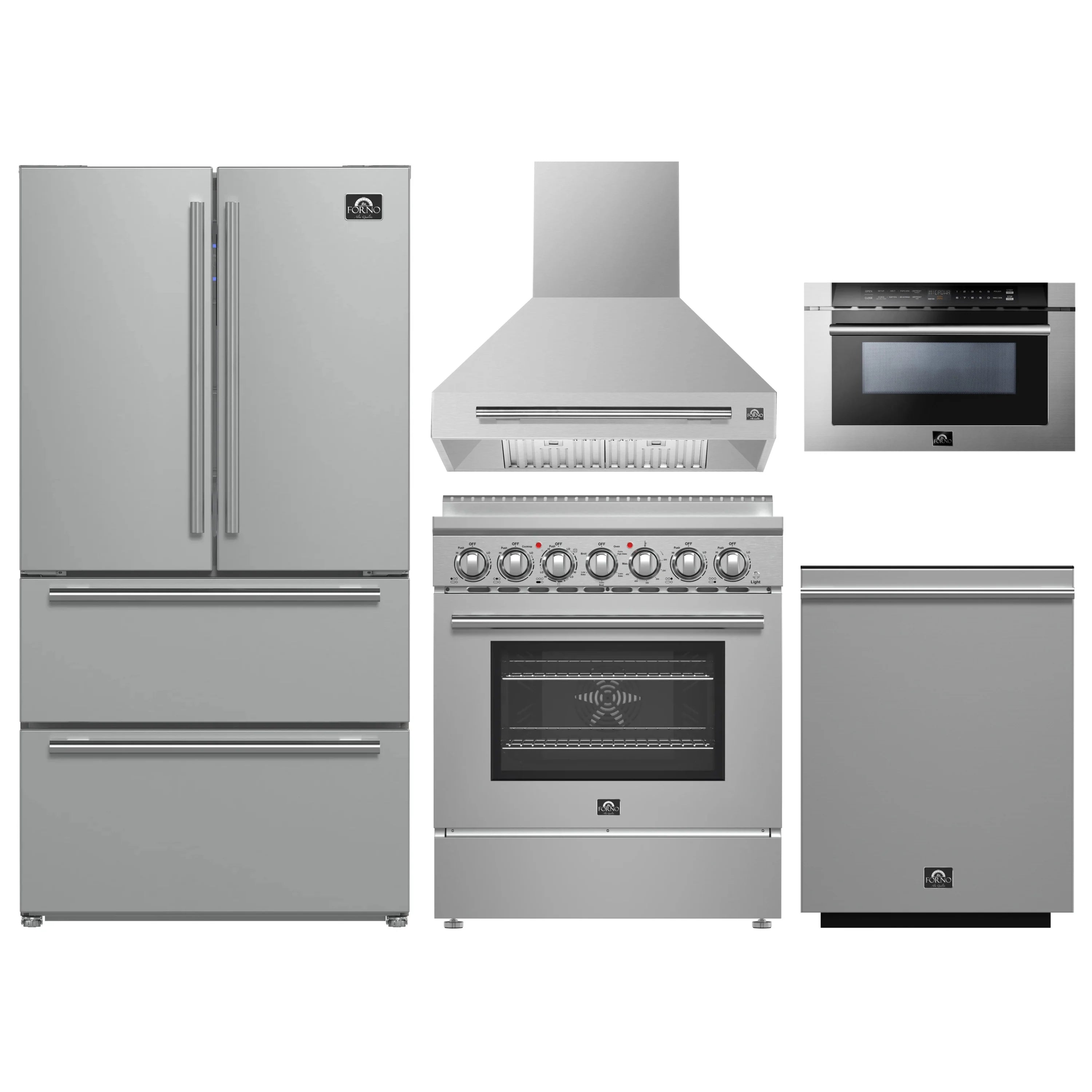 Stainless steel kitchen appliance package layout with refrigerator, range, hood, and microwave