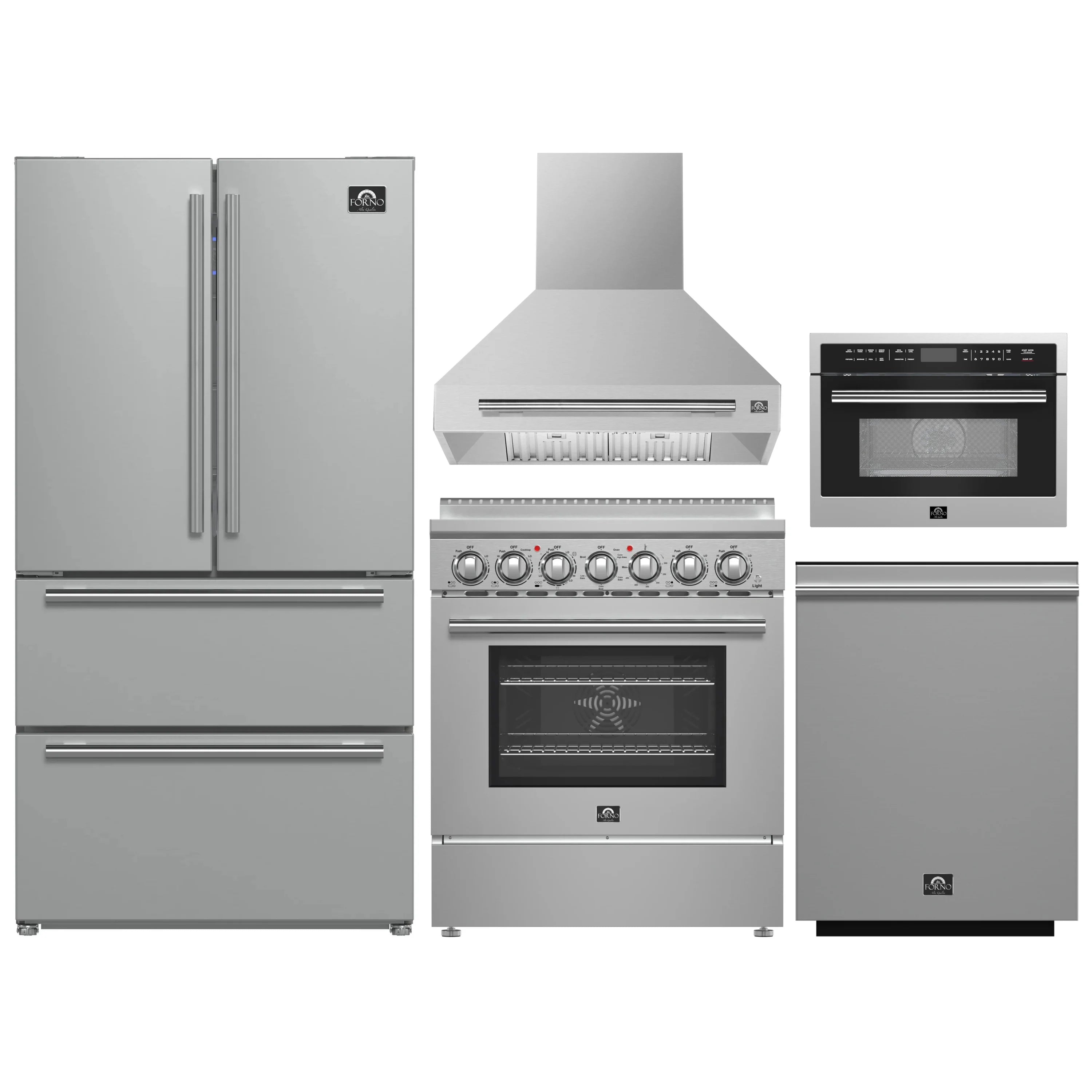 Stainless steel appliance set showing refrigerator, range, hood, microwave, dishwasher