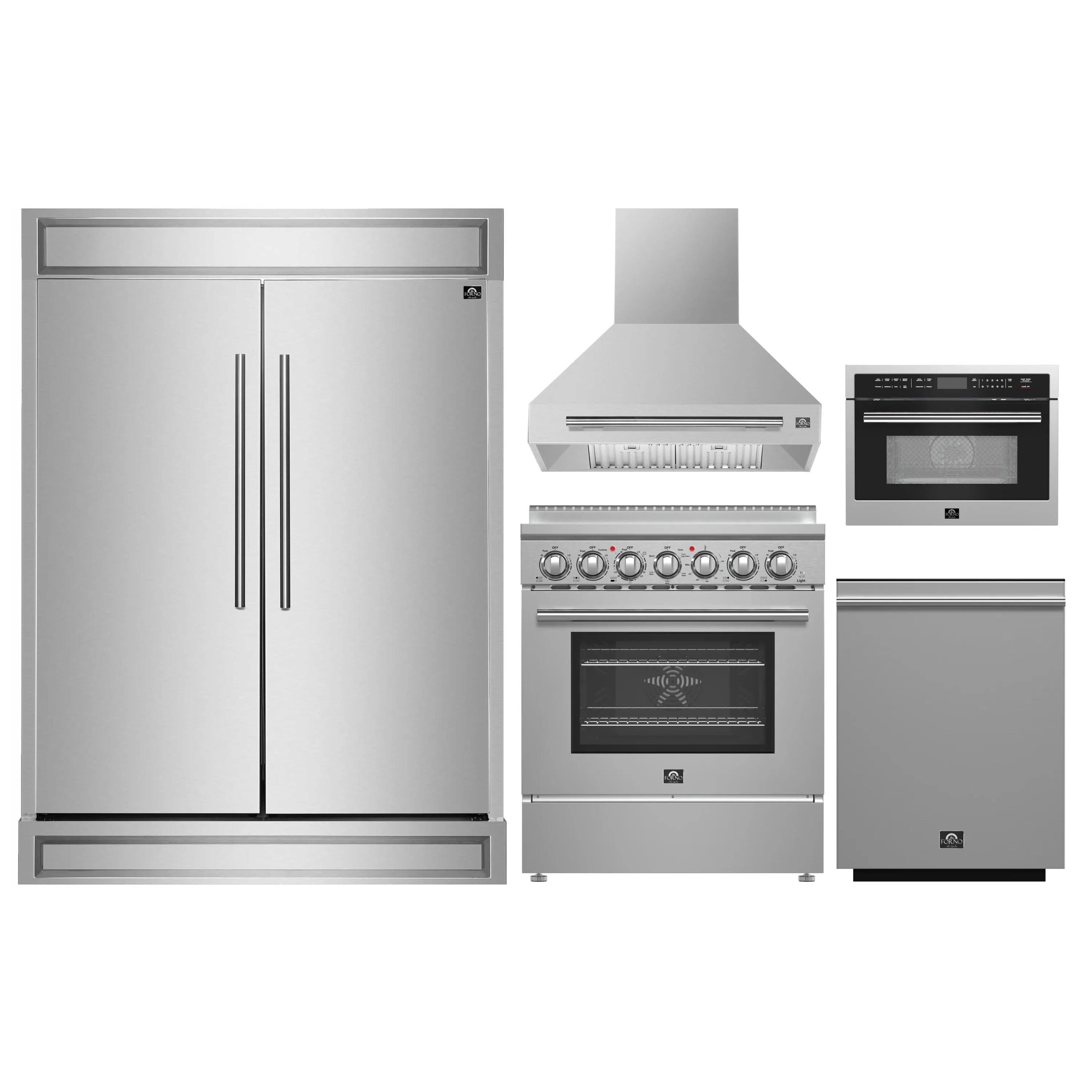 Stainless steel appliance set with refrigerator, electric range, range hood, and microwave