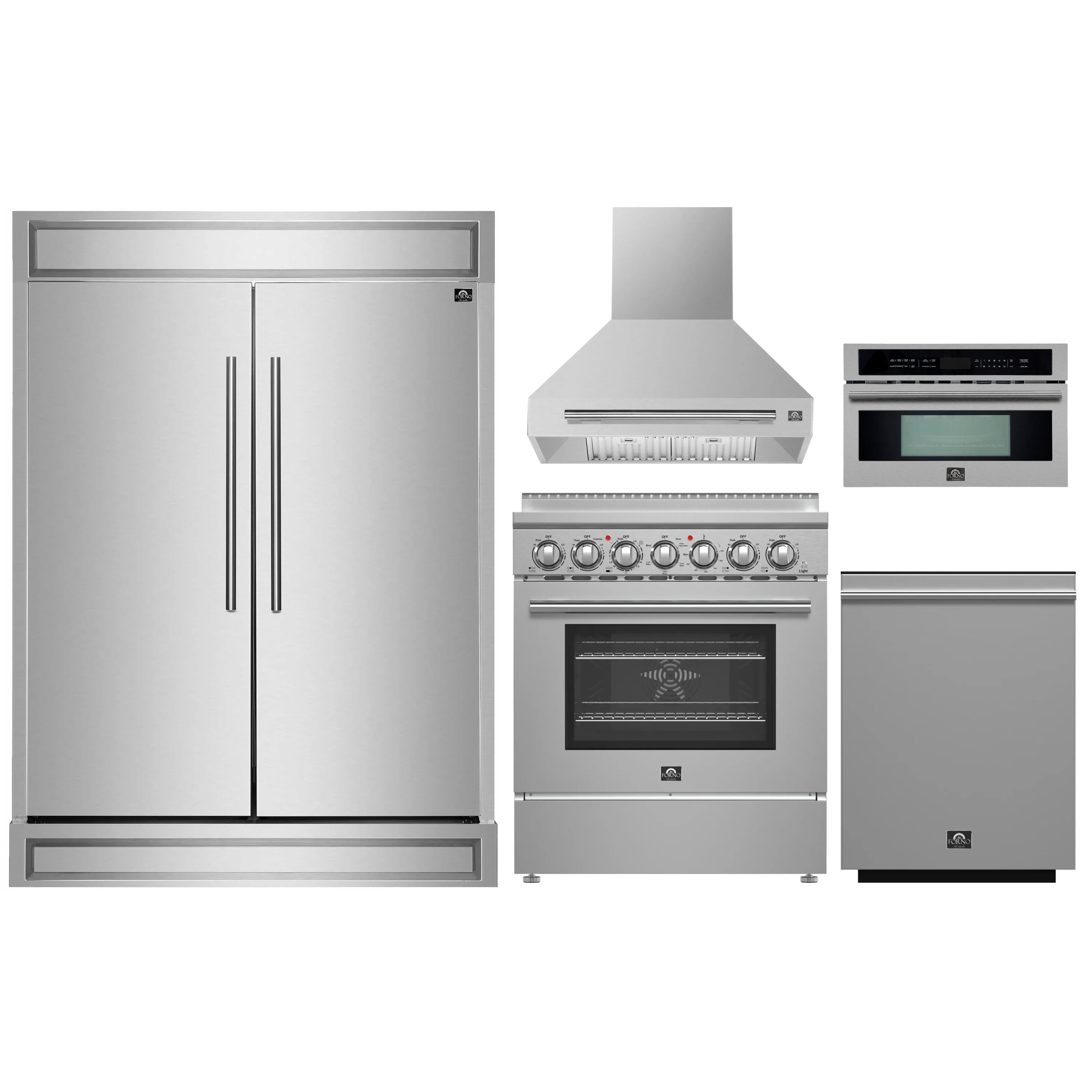 Stainless appliance set with refrigerator, electric range, wall hood, and microwave