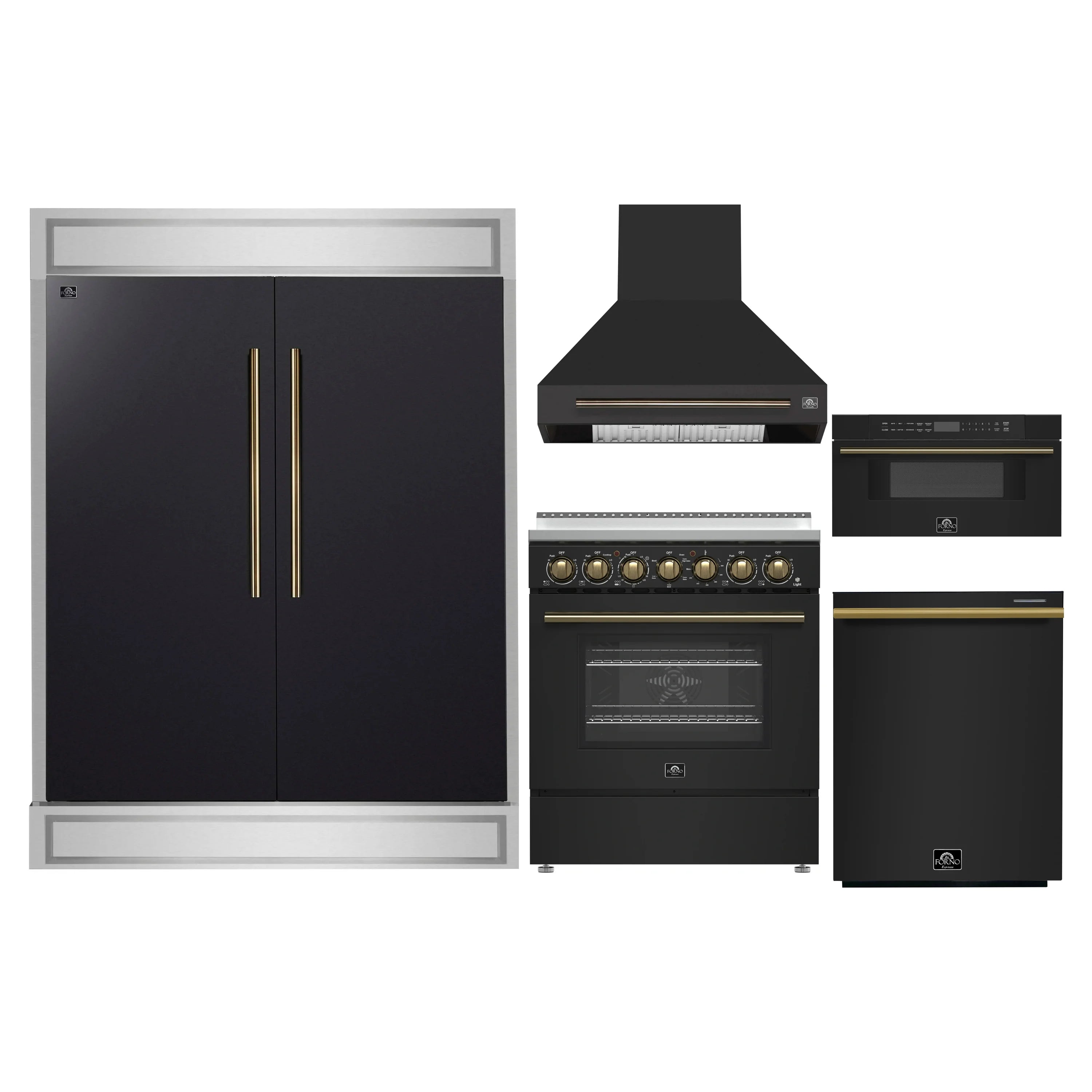 Black appliance package featuring refrigerator, electric range, range hood, and microwave drawer