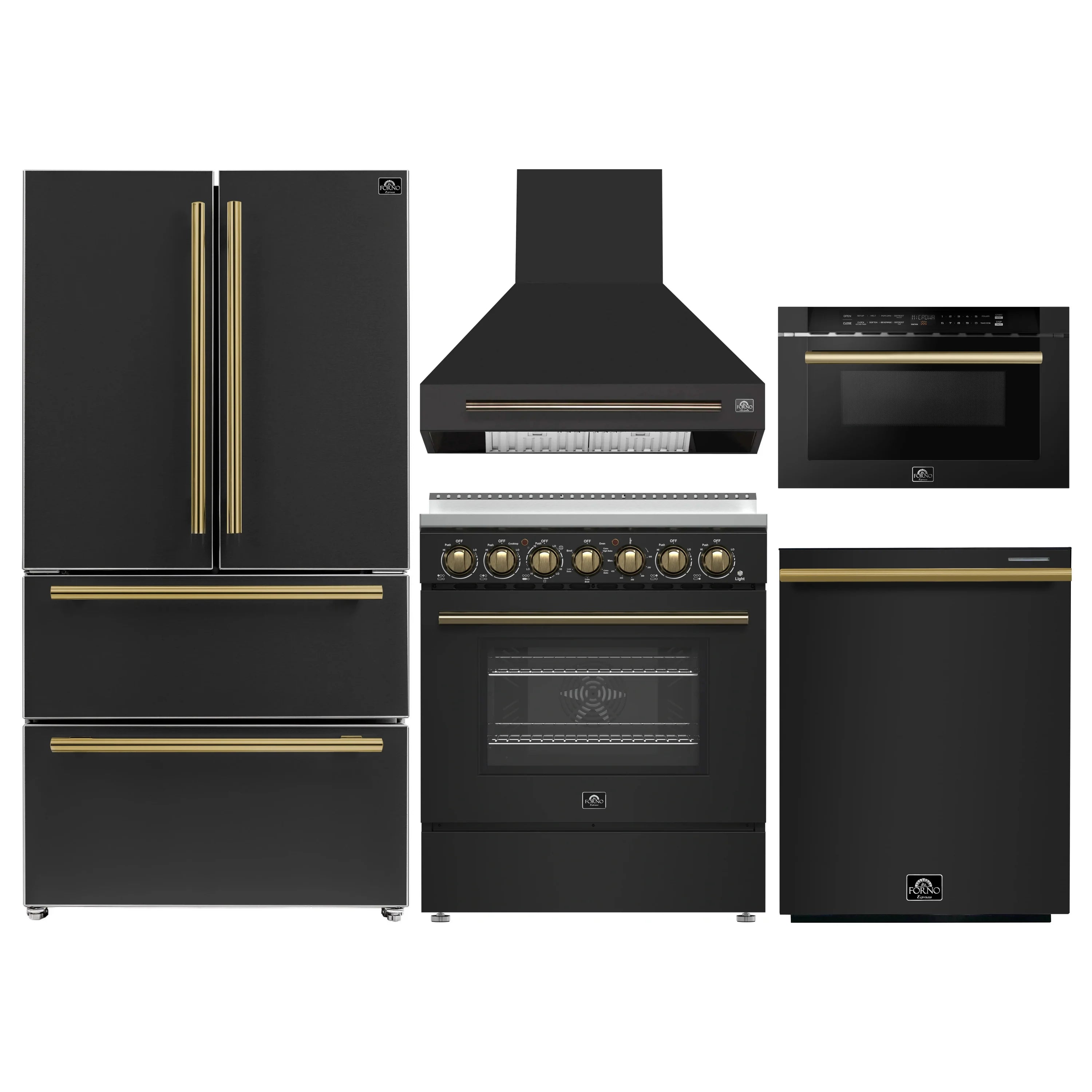 Black appliance set: refrigerator, freestanding range, and range hood with brass handles
