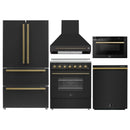 Forno 5-Piece Appliance Package - 30-Inch Electric Range, Wall Mount Range Hood, 36-Inch Refrigerator, Dishwasher, and 24-Inch Microwave Drawer in Black with Antique Brass Handle