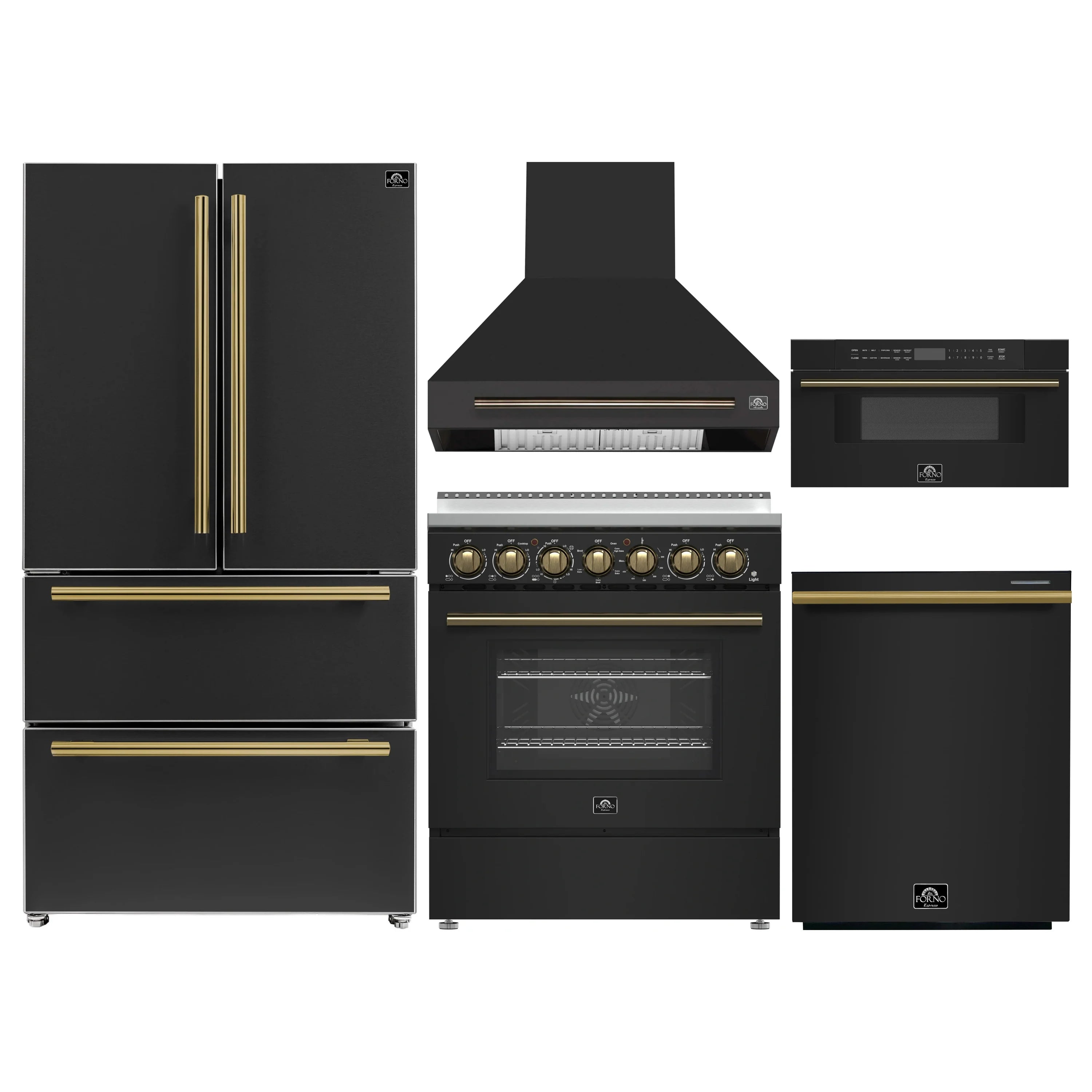 Five-piece black kitchen appliance set with antique brass accents