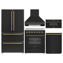 Forno 5-Piece Appliance Package - 30-Inch Electric Range, Wall Mount Range Hood, 36-Inch Refrigerator, Dishwasher, and 30-Inch Microwave Drawer in Black with Antique Brass Handle