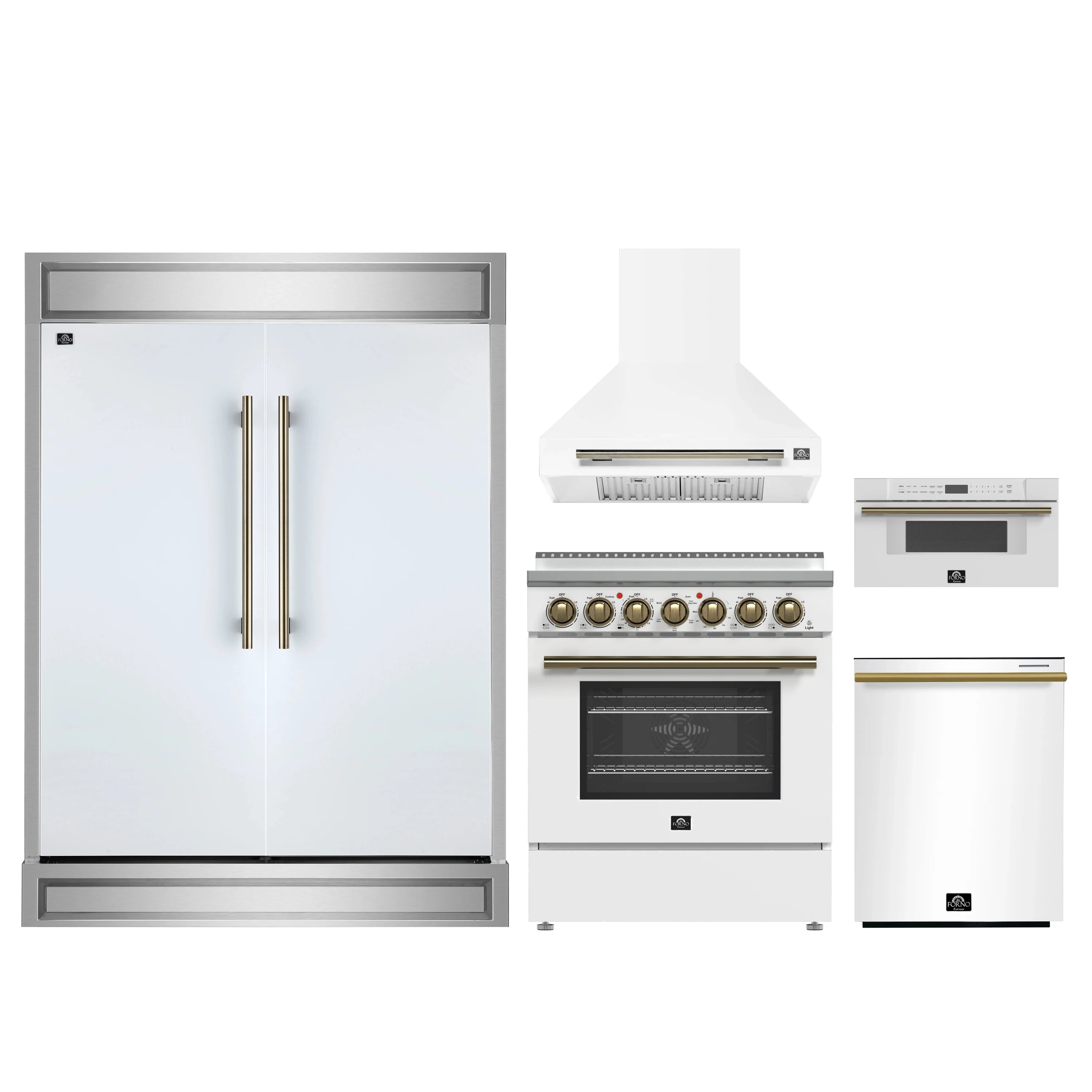 White appliance set showing refrigerator, wall hood, electric range, and microwave drawer